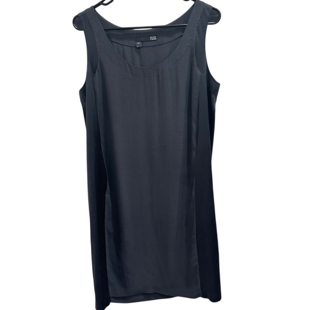 Eileen Fisher Gray Black Silk Georgette Satin Sleeveless‎ Shift Dress Small Luxe - Picture 2 of 11